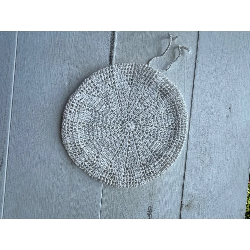 Antique 1910s-30s Hand Crochet Cotton Boudoir Night Cap Drawstring